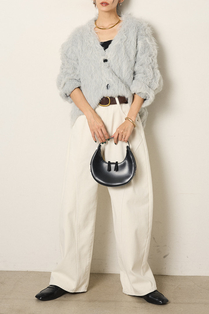 [SET]起毛シャギーニットカーディガン+ベルト付きカジュアルカーブワイドパンツ(2set)