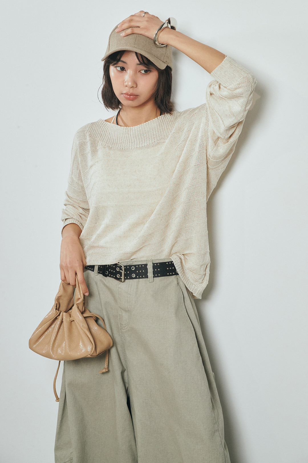 [SET]麻混リラックスニットトップス+ベルト付きカラーデニムパンツ(2set)