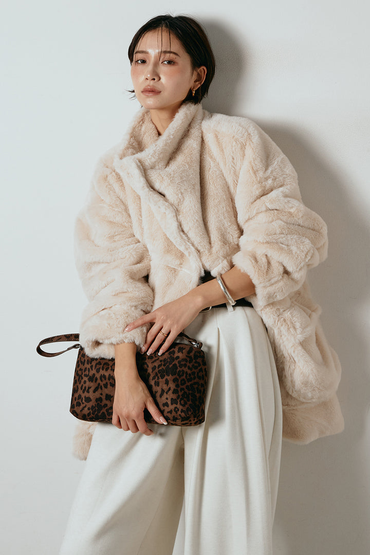 [SET]スタンドネックファーコート+フェイクレザー太ベルト付きタックワイドパンツ(2set)