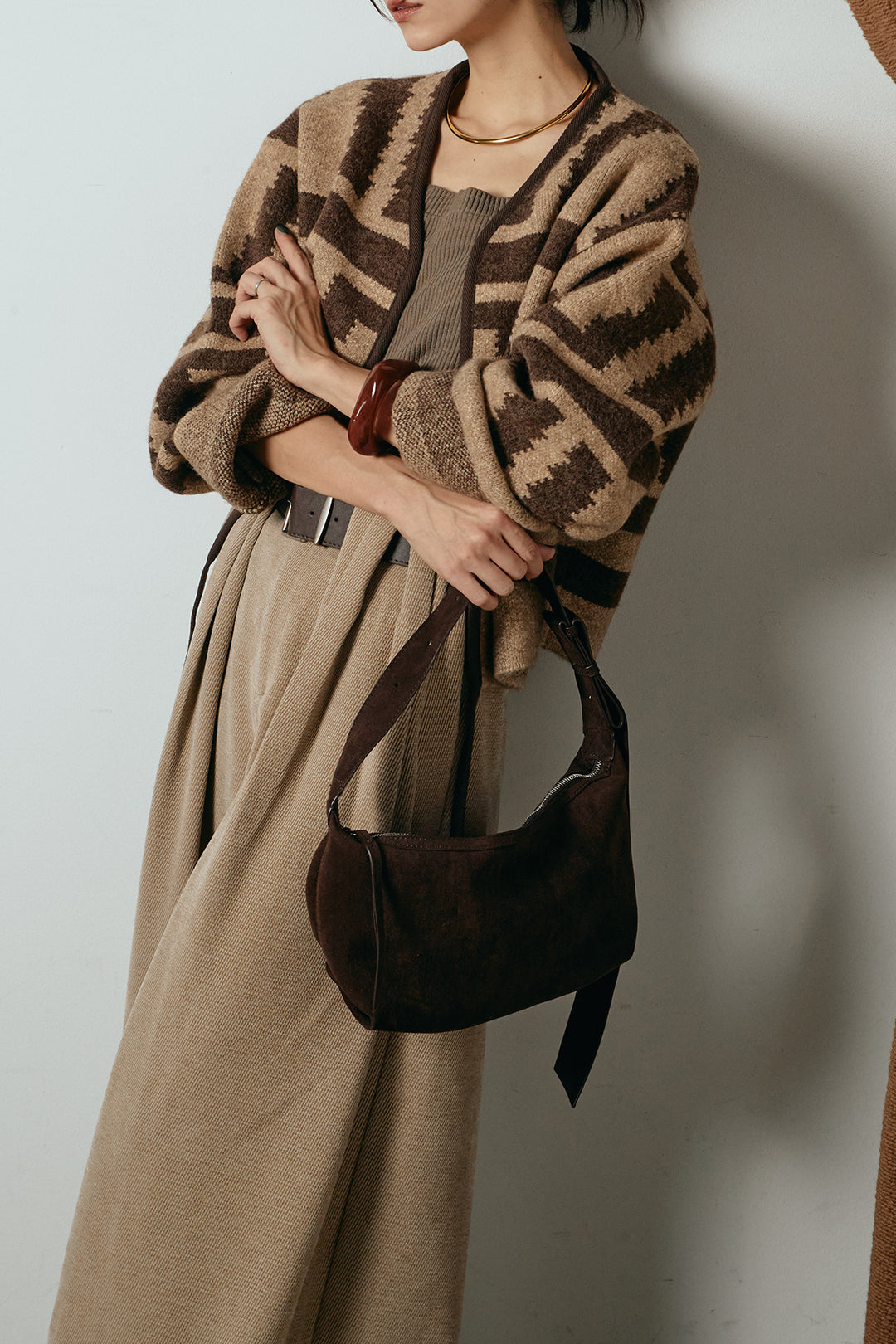 [SET]ノーカラー幾何学模様アウター+ベルトループコーデュロイワイドパンツ(2set)