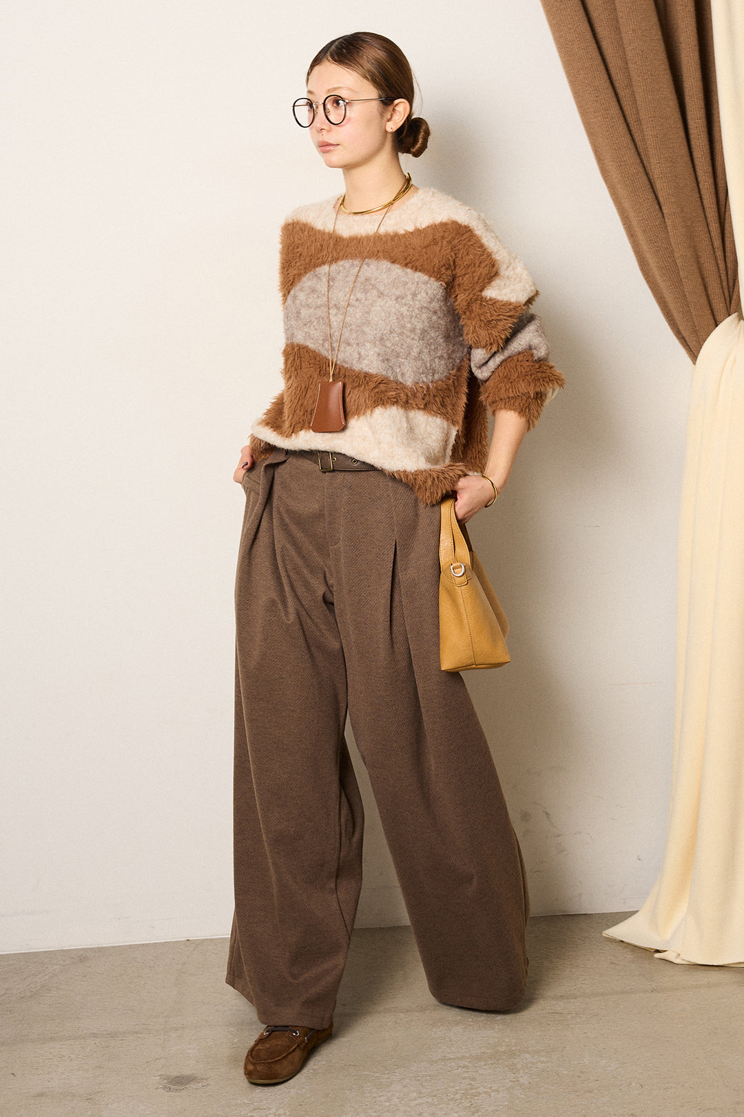 [SET]シャギーウェーブ柄クルーネックニットトップス+細ベルト付き起毛タックワイドパンツ(2set)