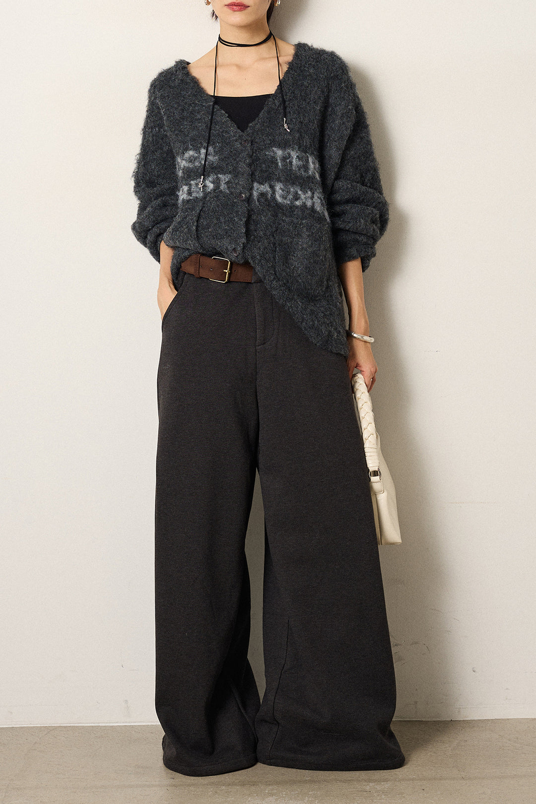 [SET]ウール混透かしロゴニットカーディガン+サイドベルトパンツ(2set)