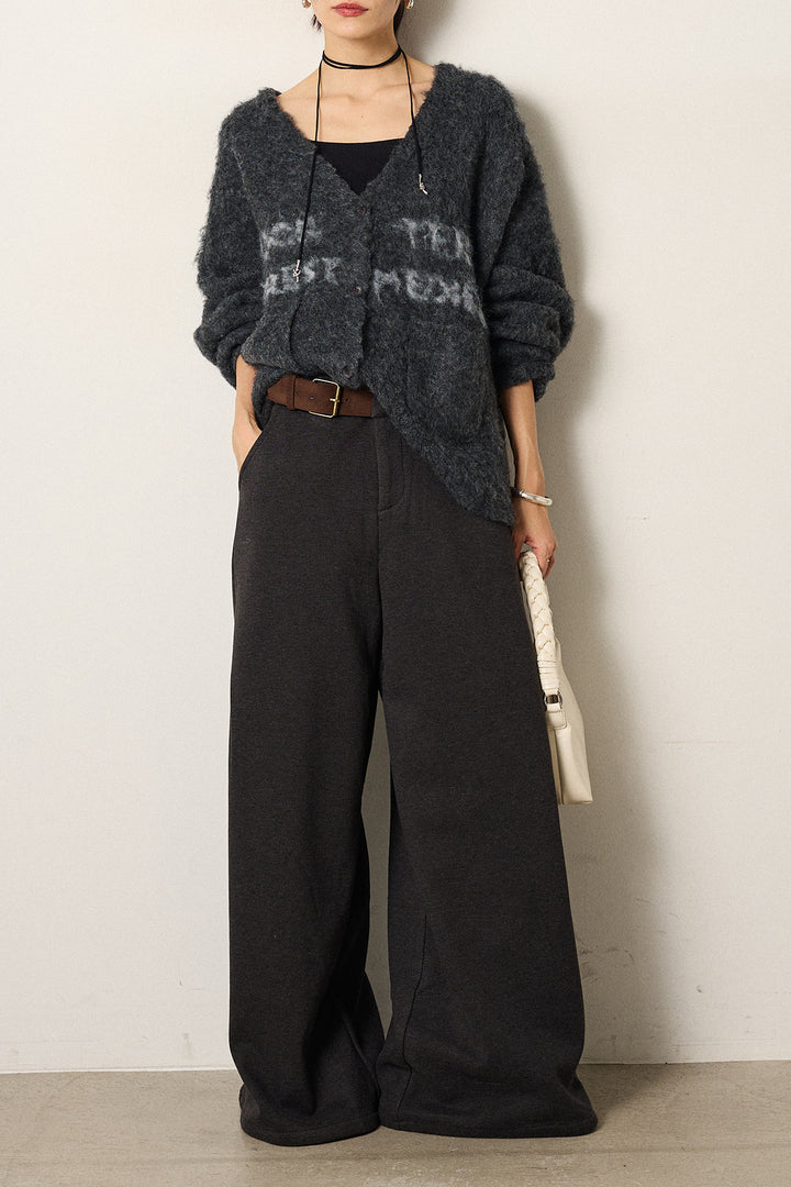 [SET]ウール混透かしロゴニットカーディガン+サイドベルトパンツ(2set)