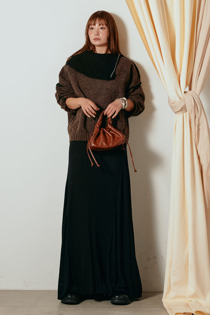 [SET]ハイネックジップデザインニットトップス+サイド切り替えリブニットロングスカート(2set)