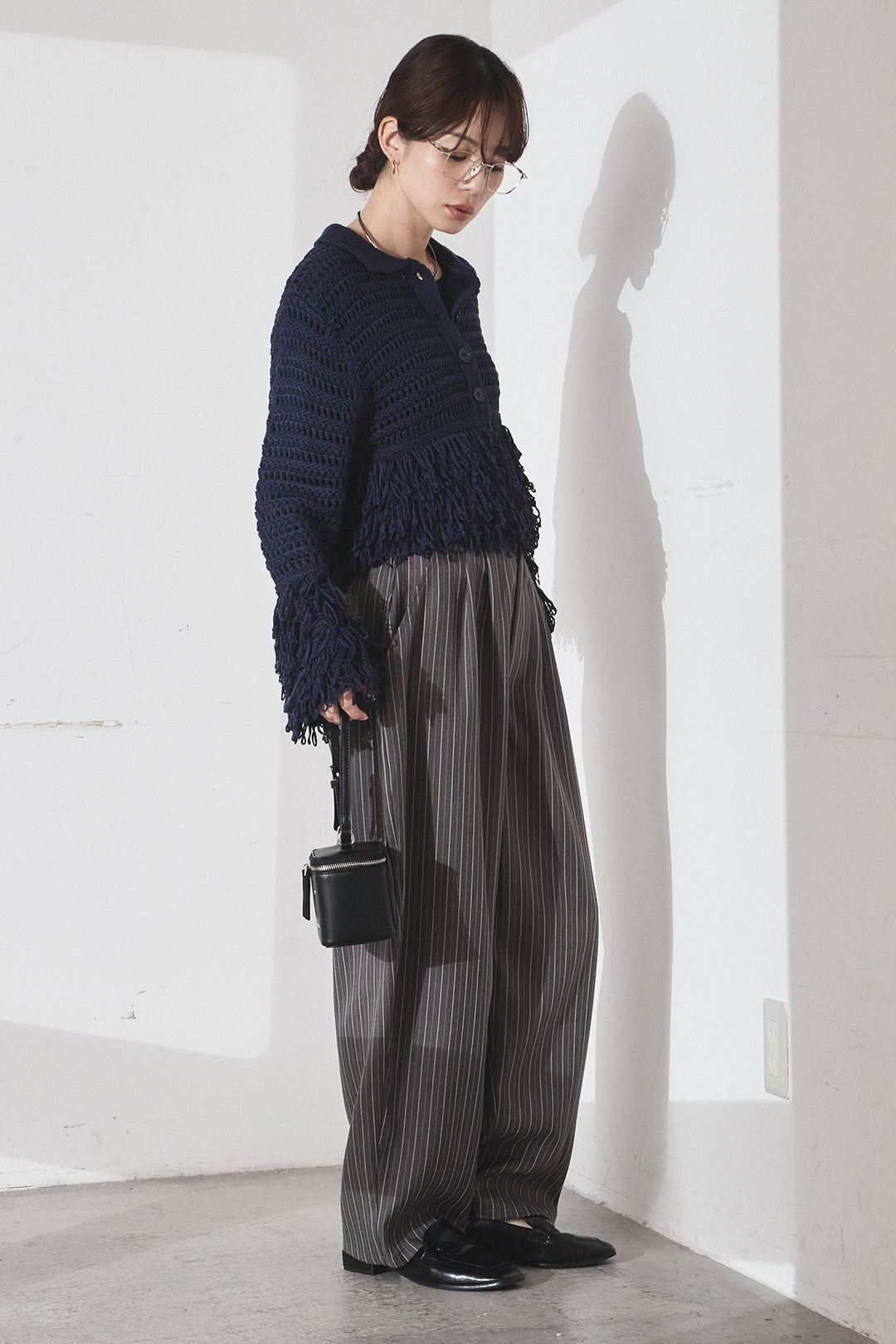 [SET]メッシュフリンジカーディガン+ヘリンボーンストライプツータックパンツ(2set)