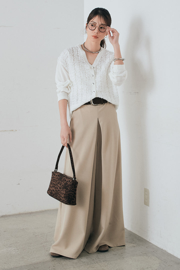 [SET]モコレースVネックカーディガン+太ベルト付きフロントタックパンツ(2set)