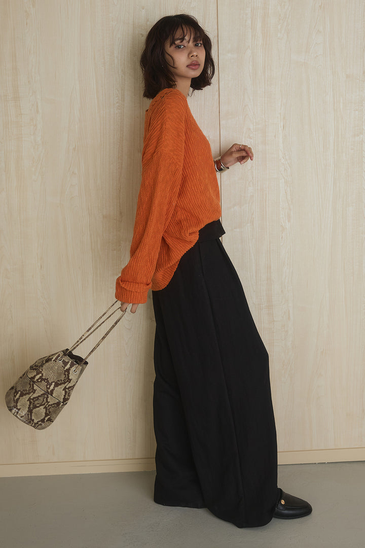[SET]ネック編みデザインニットトップス+ウエスト折り返しワイドパンツ(2set)