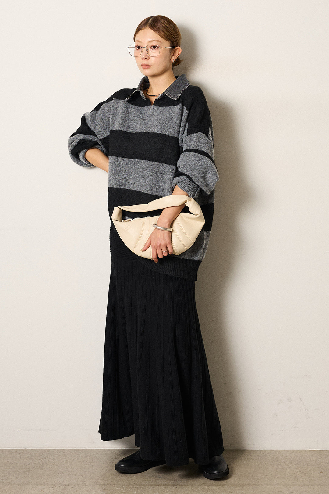 [SET]デニムカラーボーダールーズニット+編み地切り替えフレアニットスカート(2set)