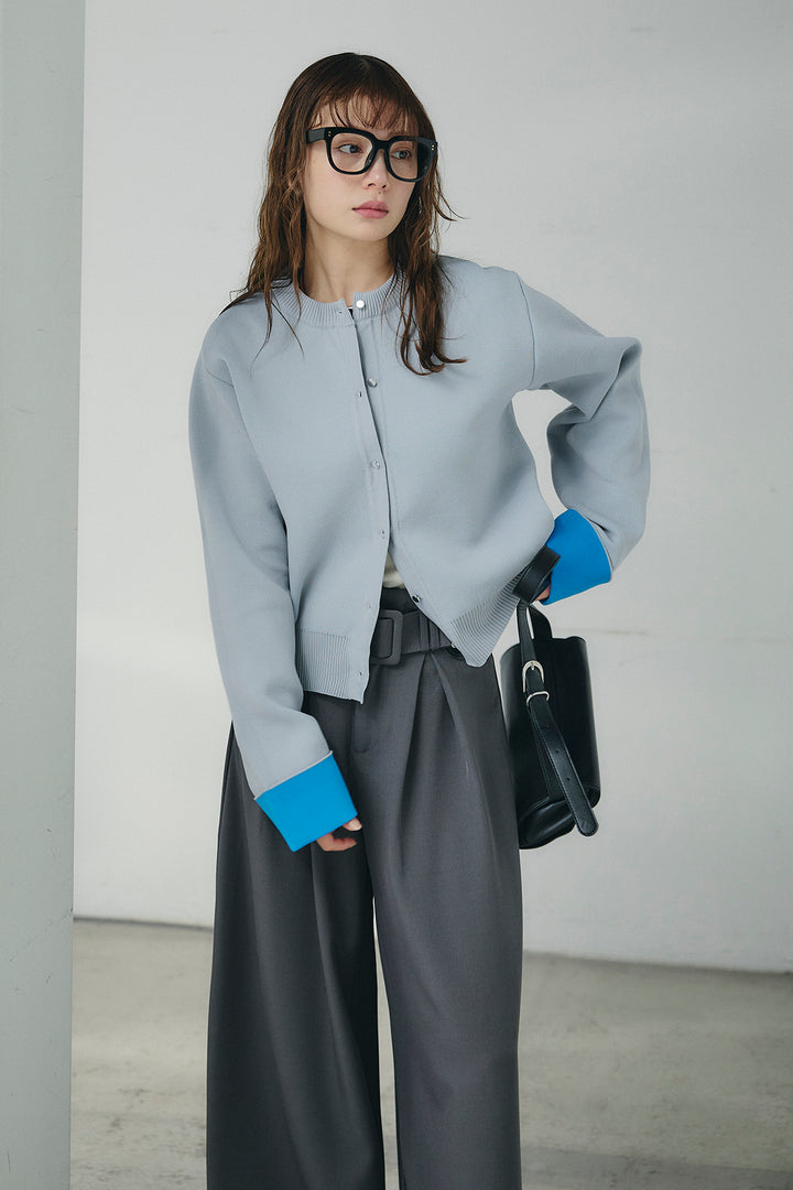 [SET]リバーシブル配色ニットカーディガン+ベルト付きツータックワイドパンツ(2set)