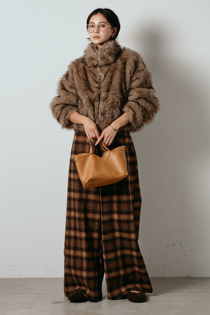 [SET]エコファーショート丈ブルゾン+ルーズタータンチェックワイドパンツ(2set)