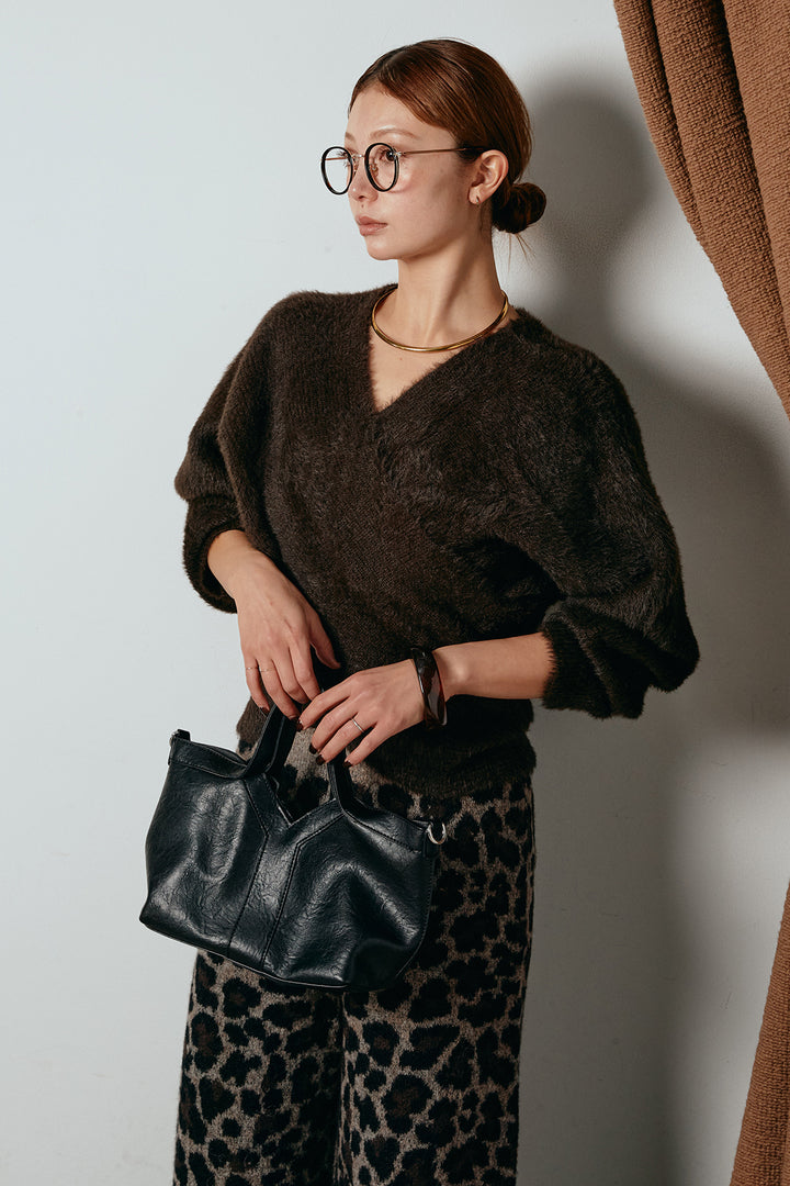 [SET]シャギーカシュクールニットトップス+リラックスレオパード柄ニットパンツ(2set)