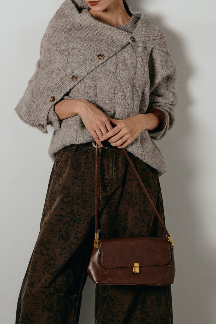 [SET]ケープデザインケーブルニットトップス+ベルト付きニュアンス柄カーブワイドパンツ(2set)