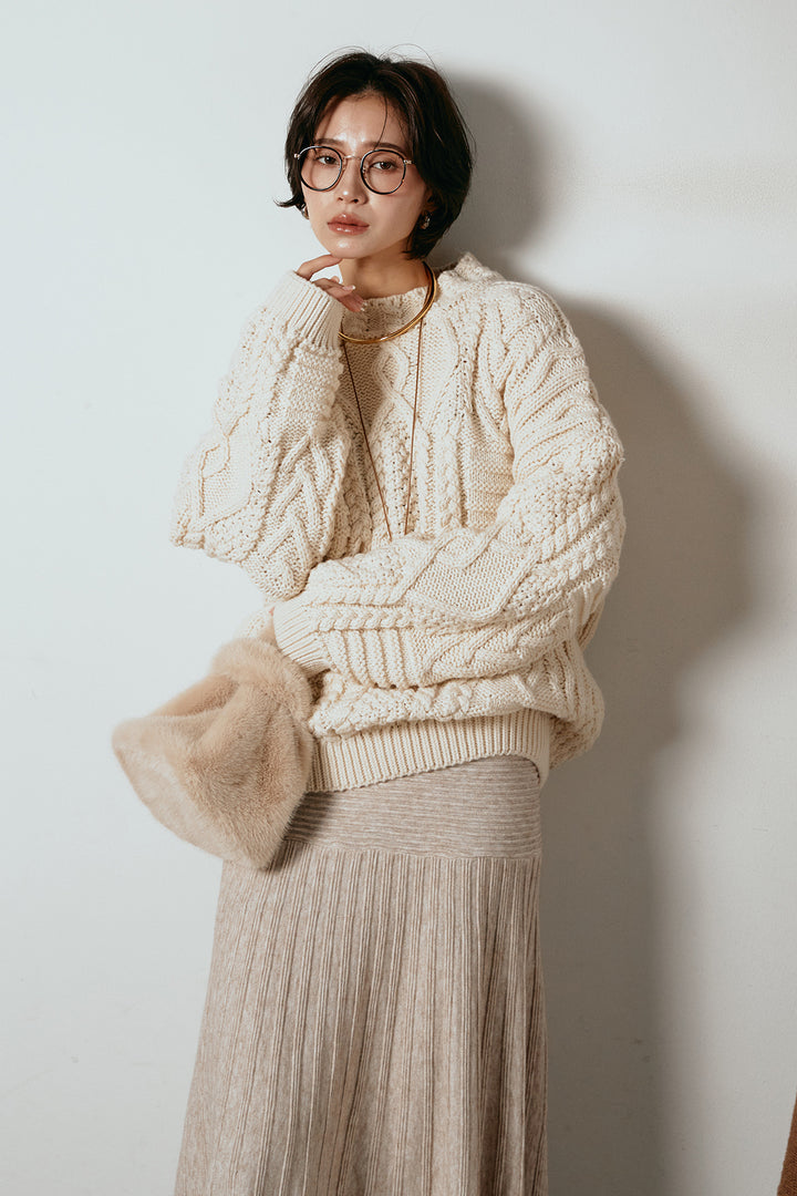 [SET]アラン柄ミックスケーブルニット+編み地切り替えフレアニットスカート(2set)