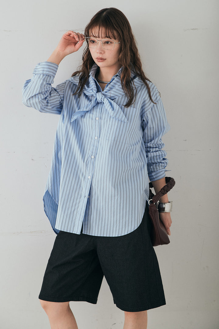 [SET]ランダムストライプスカーフ付きシャツ+デニムハーフパンツ(2set)