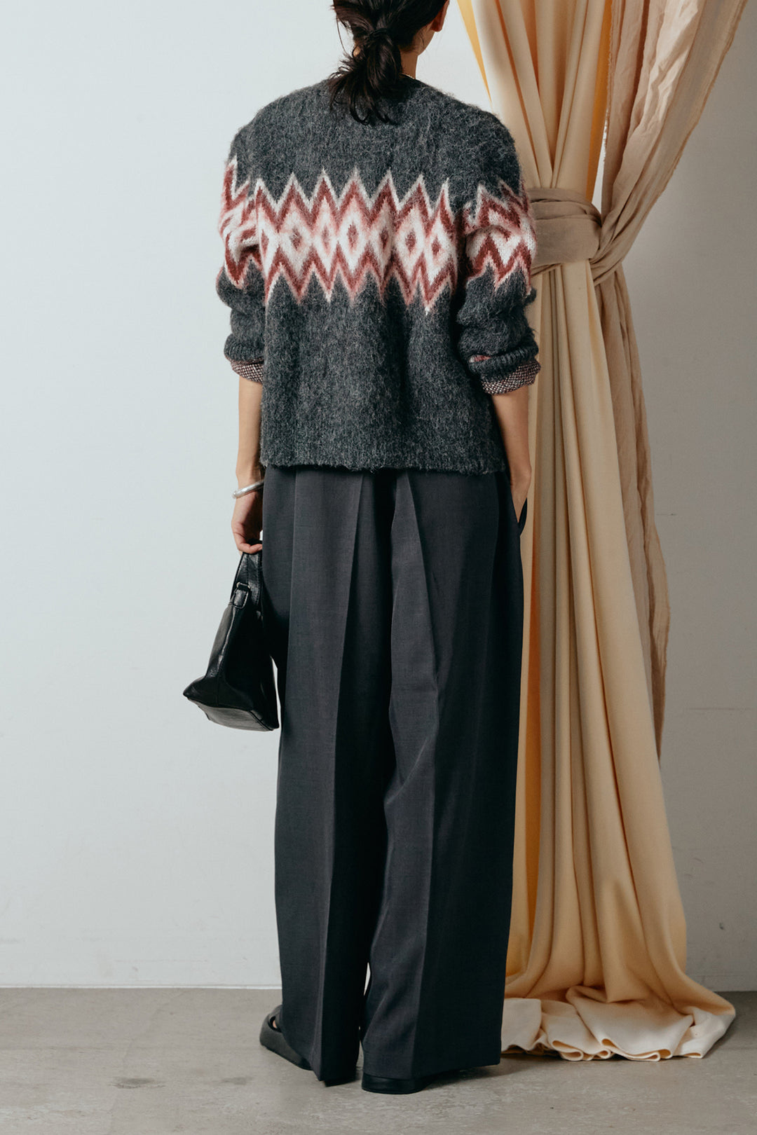 [SET]起毛ノルディック柄ニットカーディガン+ワイドツイルサロペット(2set)