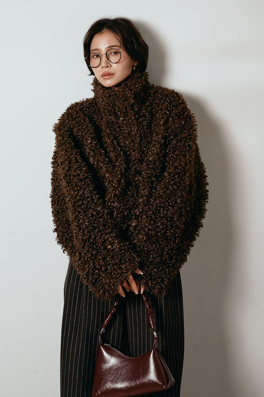 [SET]プードルファーミドルジャケット+ウールライクストライプパンツ(2set)