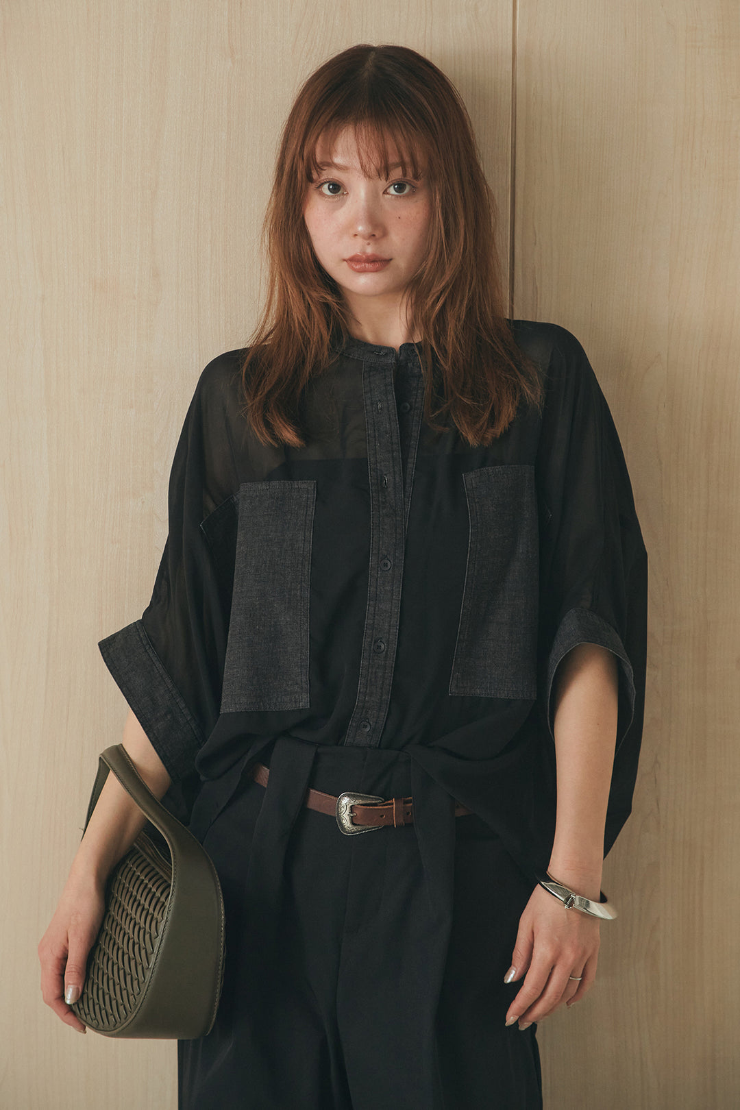 [SET]デニムライクビッグツーポケシアーシャツ+ベルトループデザインハイウエストタックパンツ(2set)