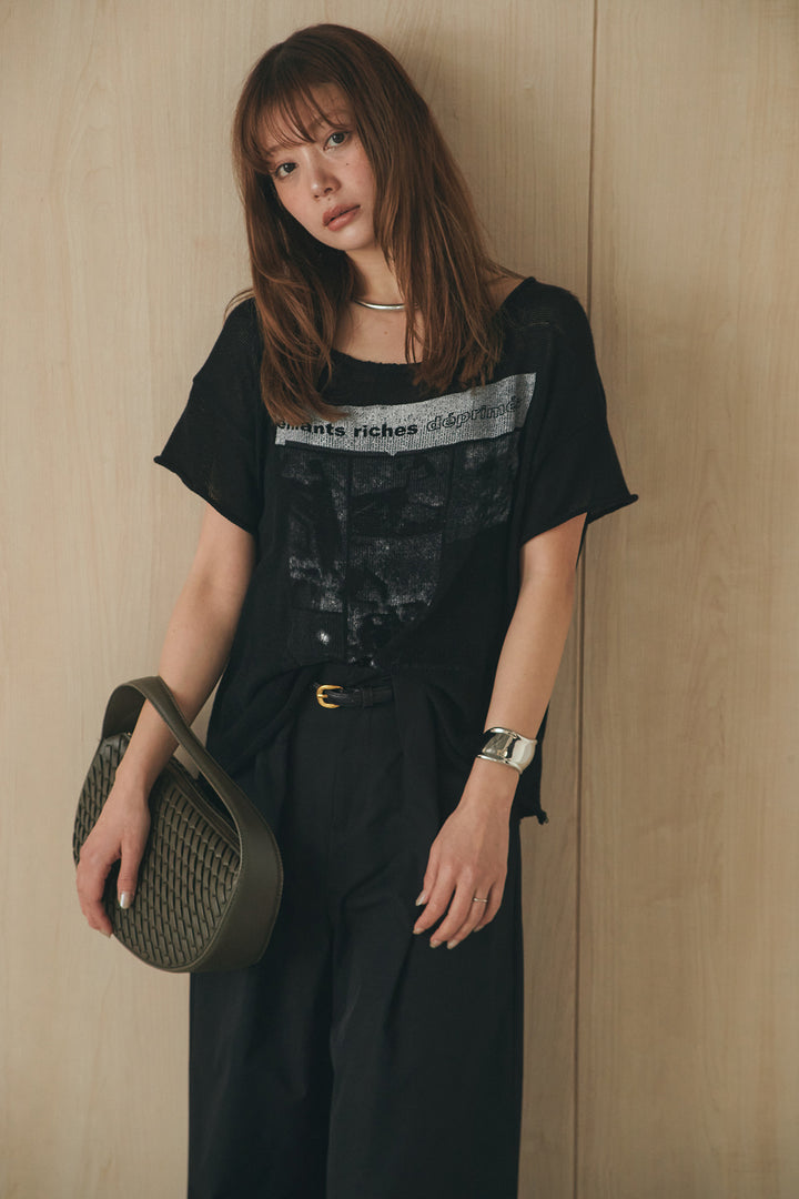 [SET]半袖モノトーングラフィックトップス+ベルトループデザインハイウエストタックパンツ(2set)