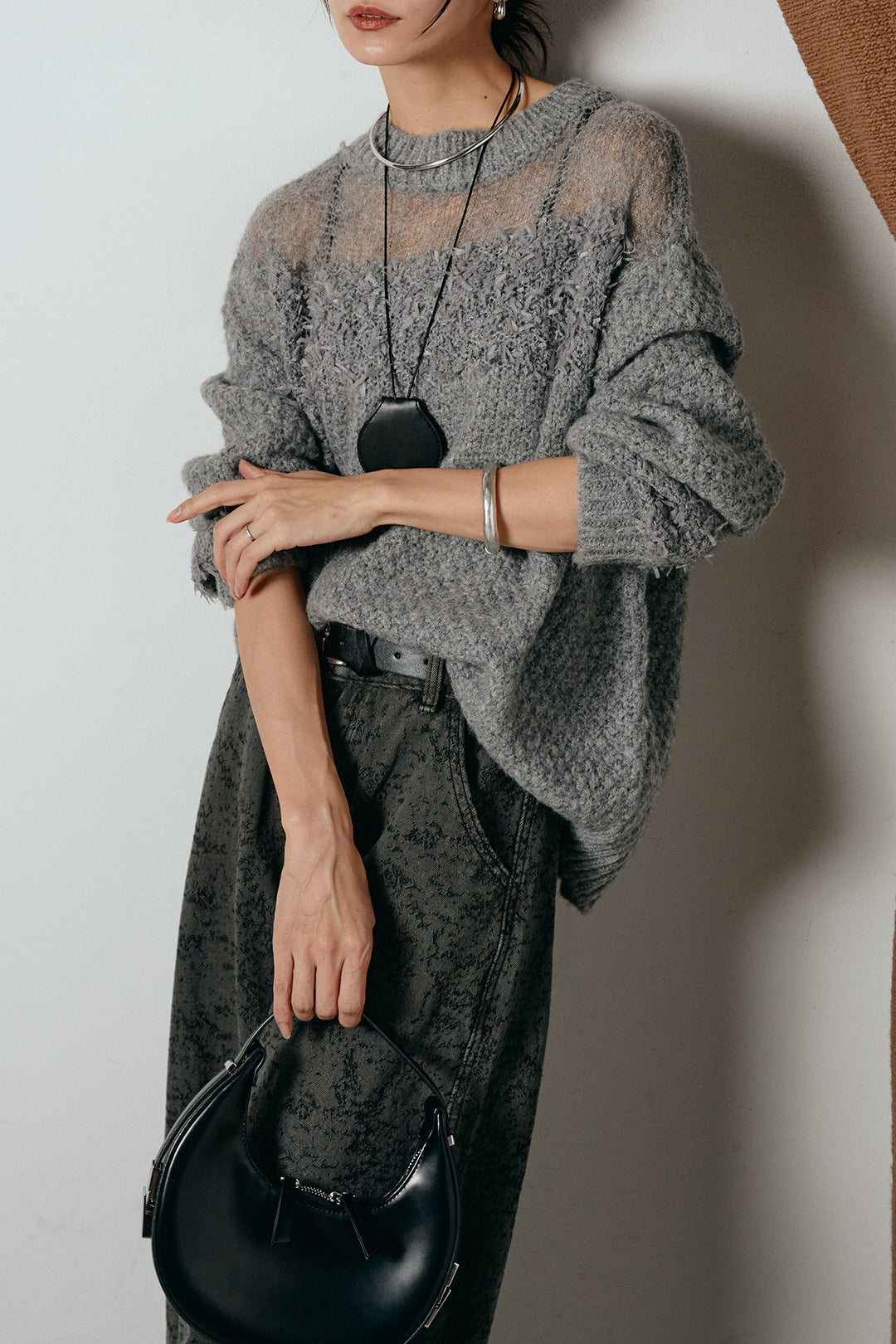 [SET]パターンランダム編みニットトップス+ベルト付きニュアンス柄カーブワイドパンツ(2set)