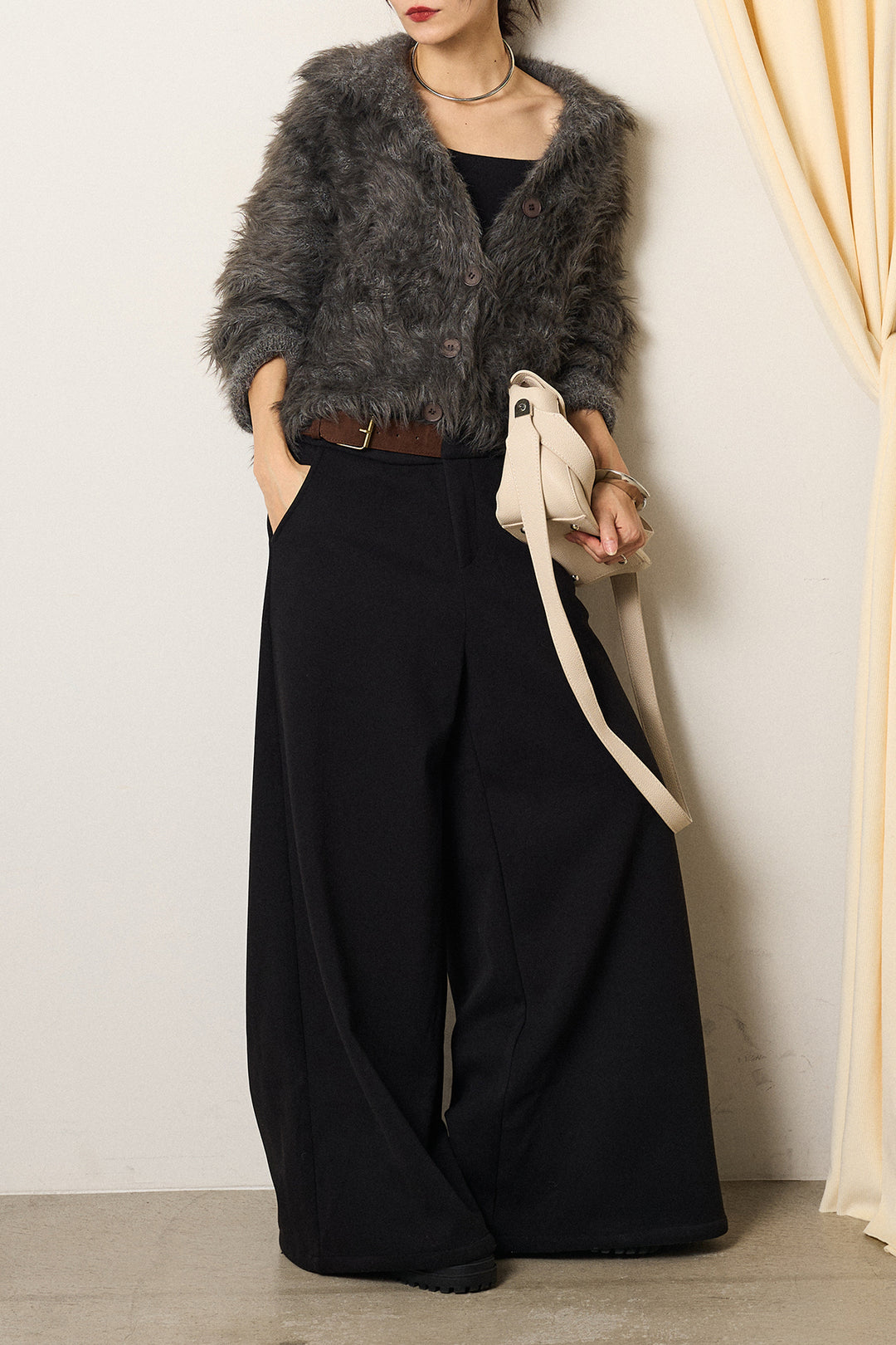 [SET]襟付きシャギーニットカーディガン+サイドベルトパンツ(2set)