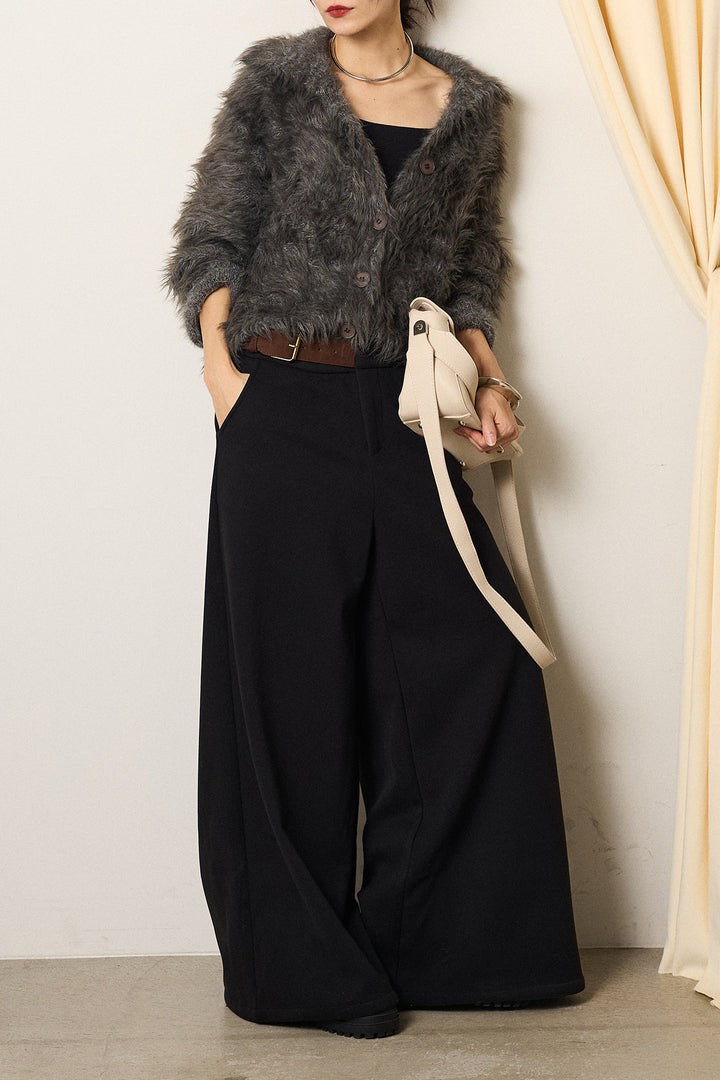 [SET]襟付きシャギーニットカーディガン+サイドベルトパンツ(2set)