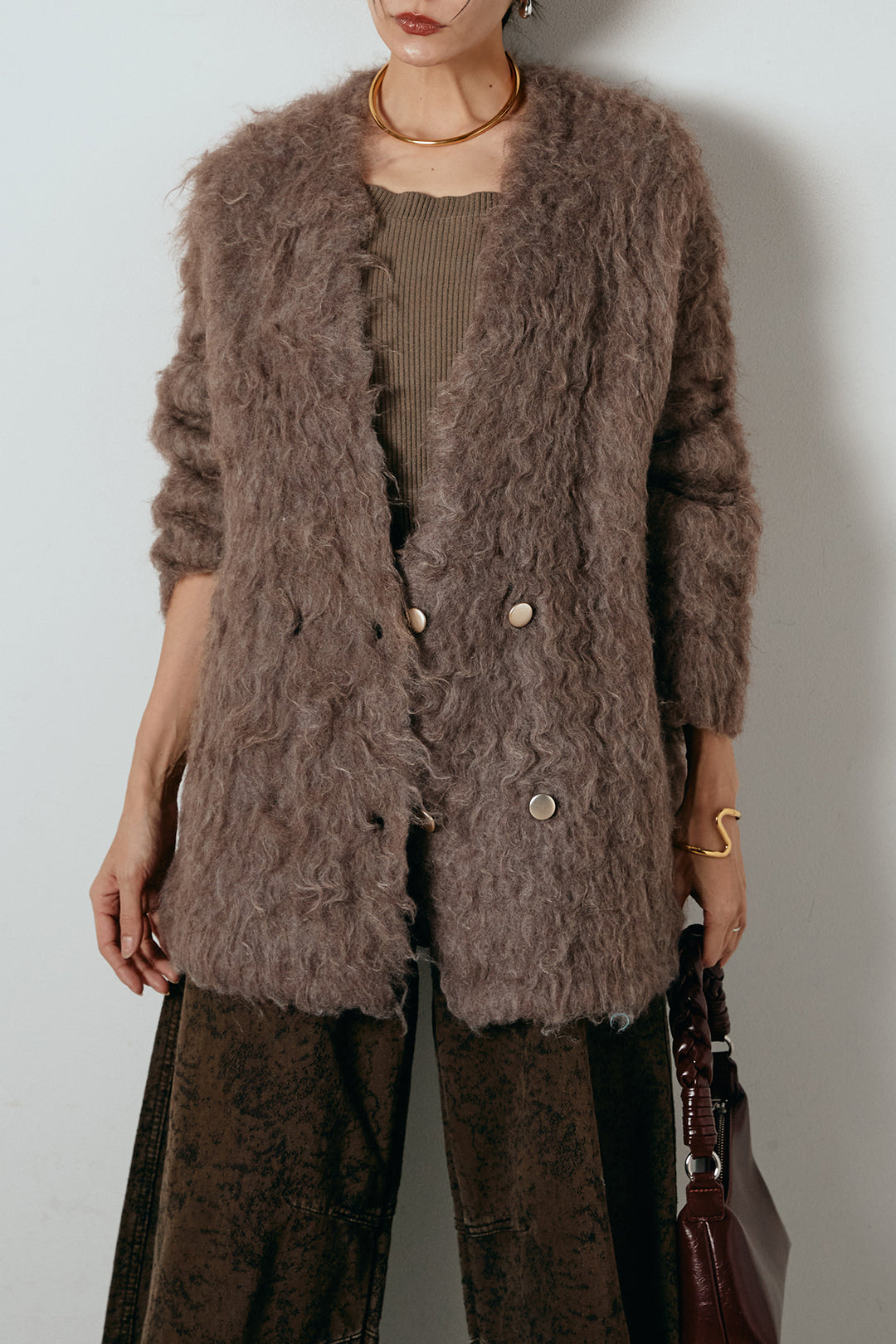 [SET]ウェーブシャギーニットジャケット+ベルト付きニュアンス柄カーブワイドパンツ(2set)