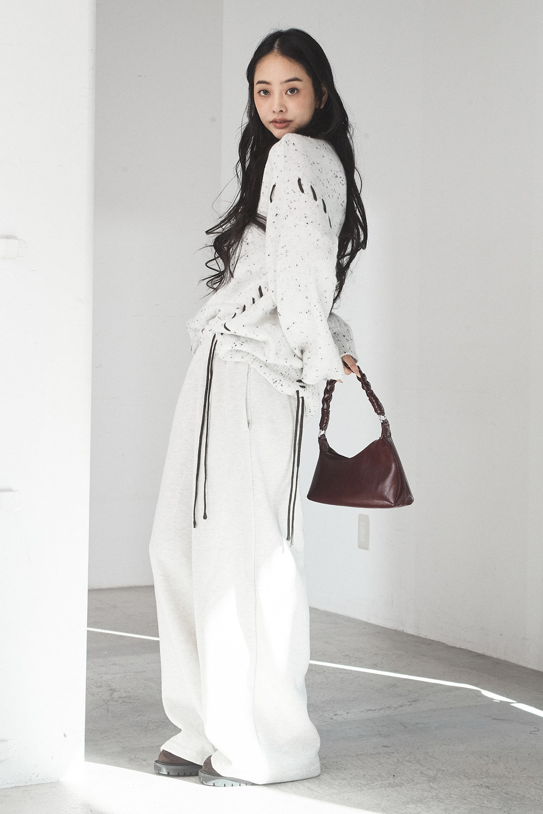 [SET]ネップ編み上げニットトップス+裏起毛スウェットワイドパンツ(2set)