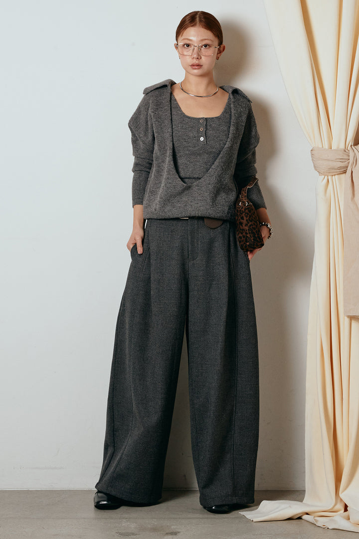 [SET]襟付きレイヤードニットトップス+ポーチベルト付きカーブパンツ(2set)