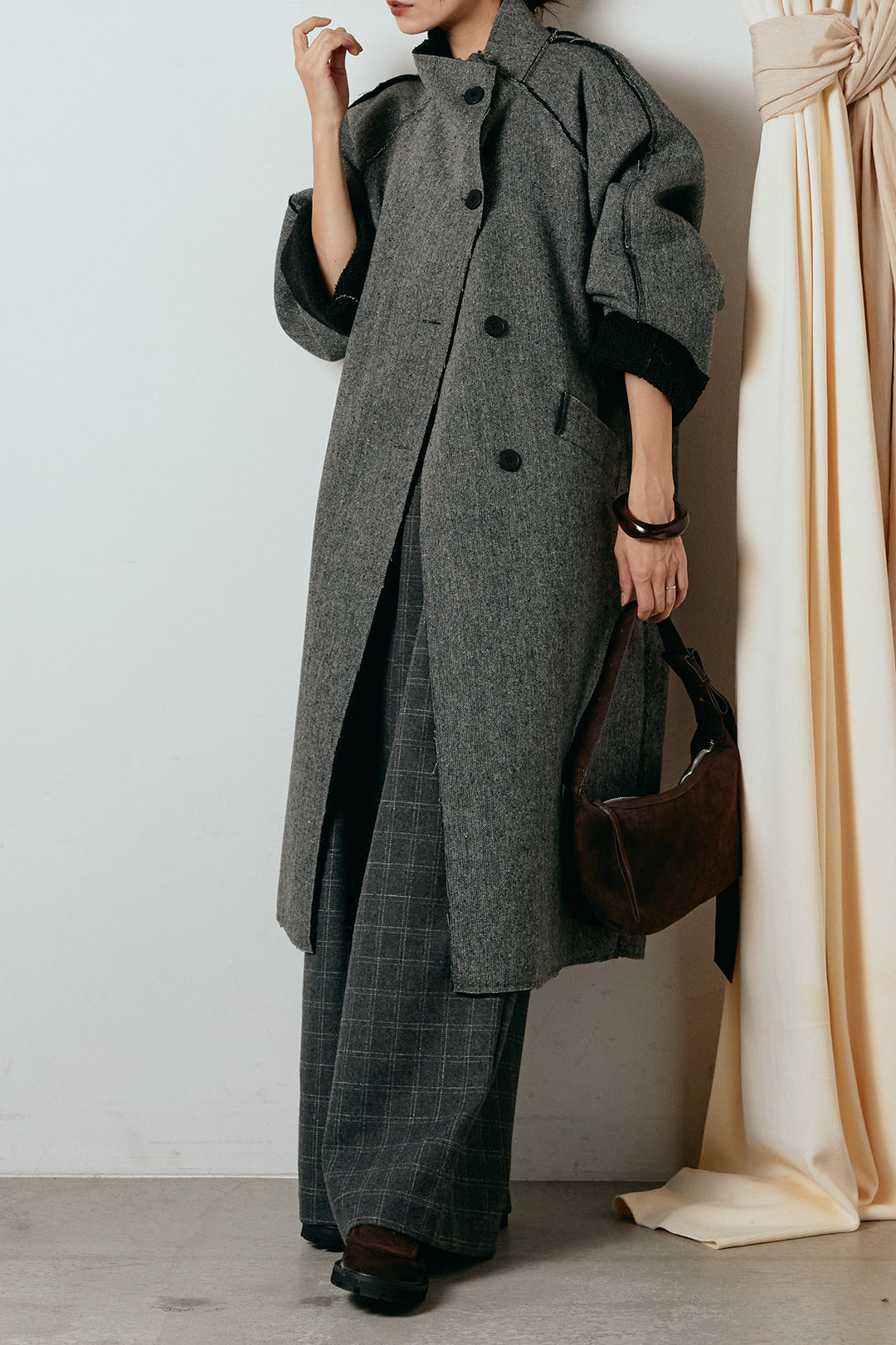 [SET]裏地ボアハイネックロングアウター+ウールライクチェックタックパンツ(2set)