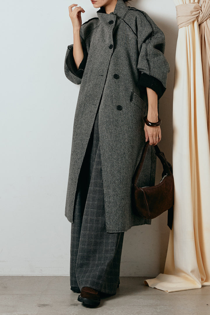 [SET]裏地ボアハイネックロングアウター+ウールライクチェックタックパンツ(2set)