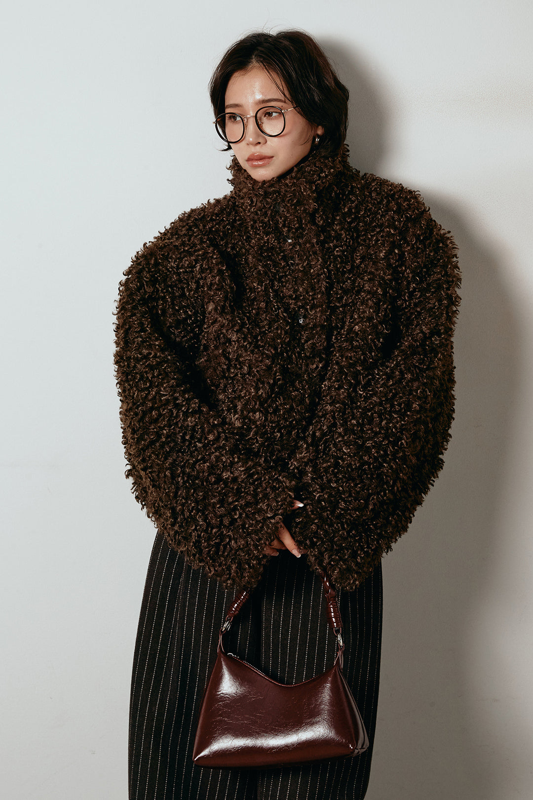 [SET]プードルファーミドルジャケット+ウールライクストライプパンツ(2set)