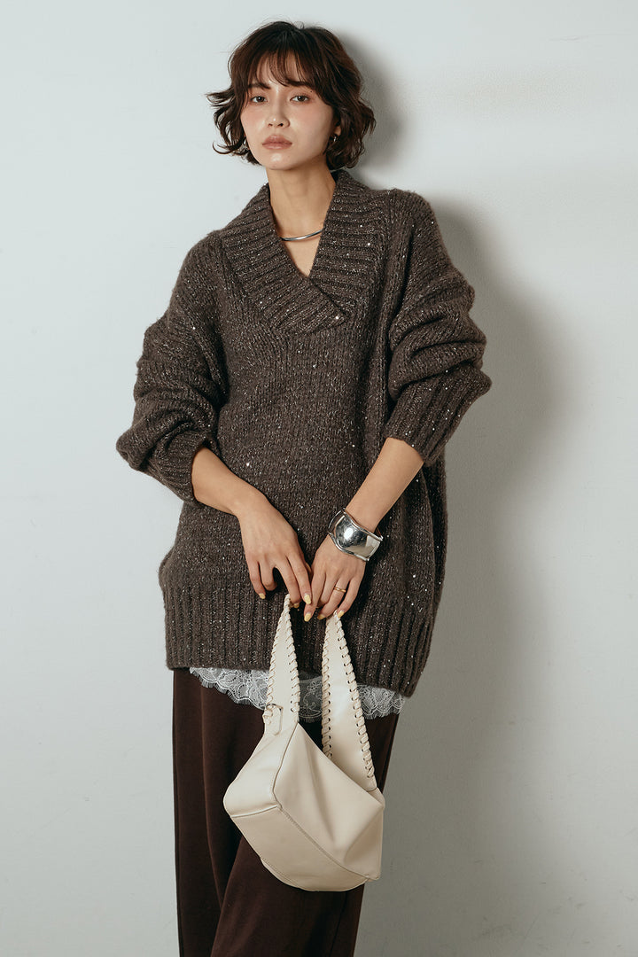 [SET]Vネックラメニットトップス+裏起毛スウェットワイドパンツ+レース切り替えキャミソール(3set)