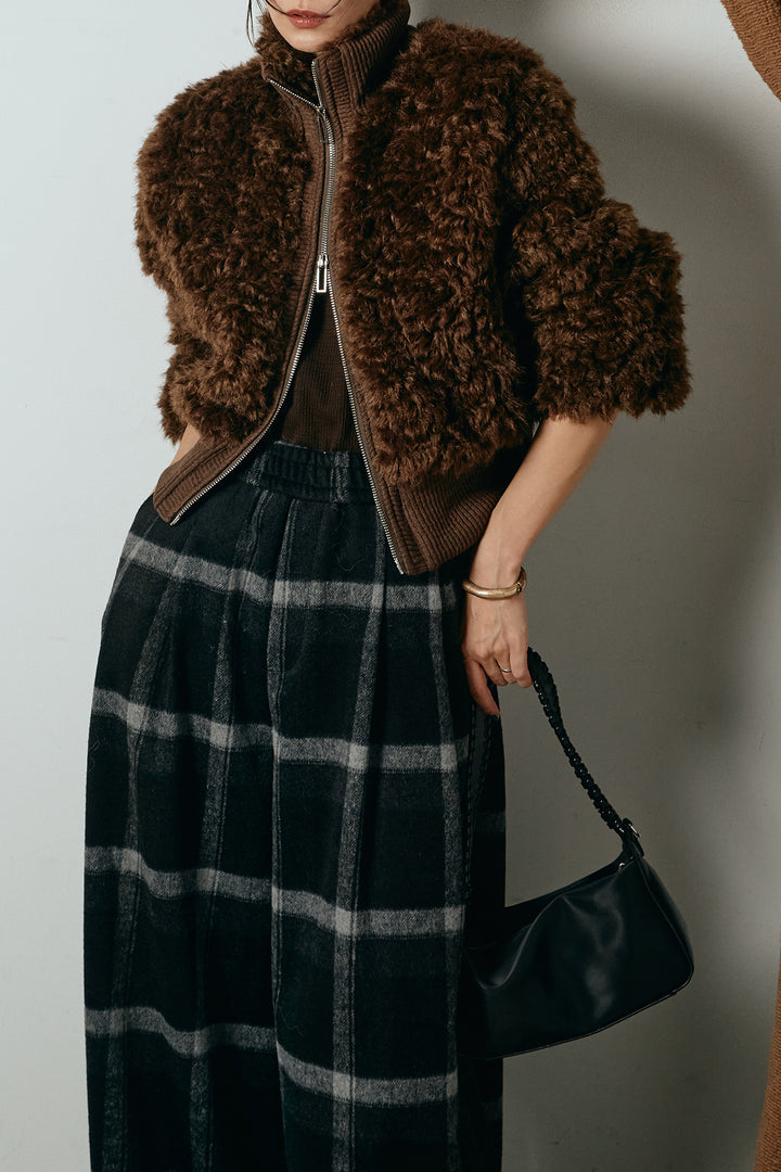[SET]ハイネックショート丈ボアジップブルゾン+起毛タータンチェック柄ワイドパンツ(2set)