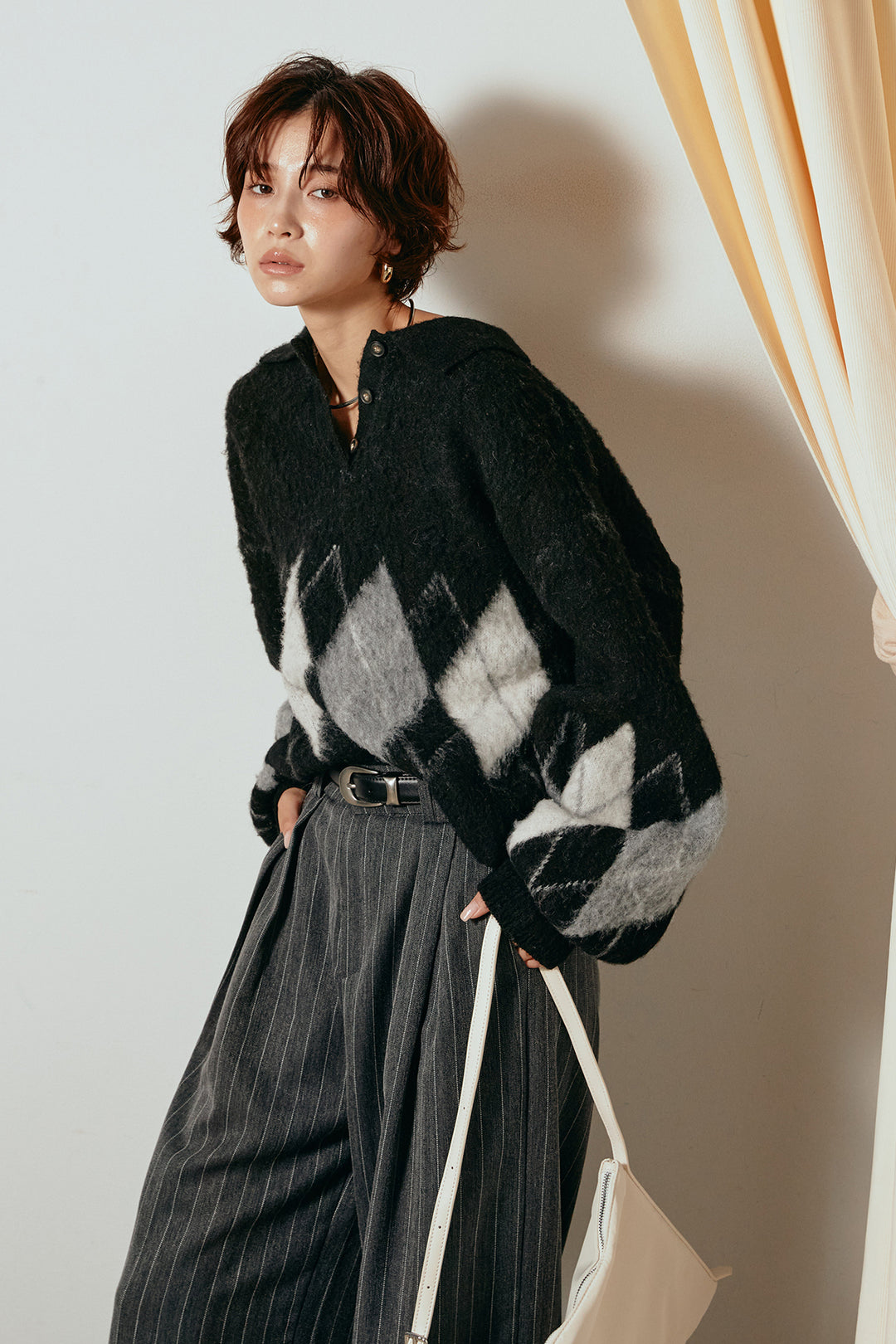 [SET]アーガイル柄ポロニットトップス+ストライプヘリンボーンパンツ(2set)