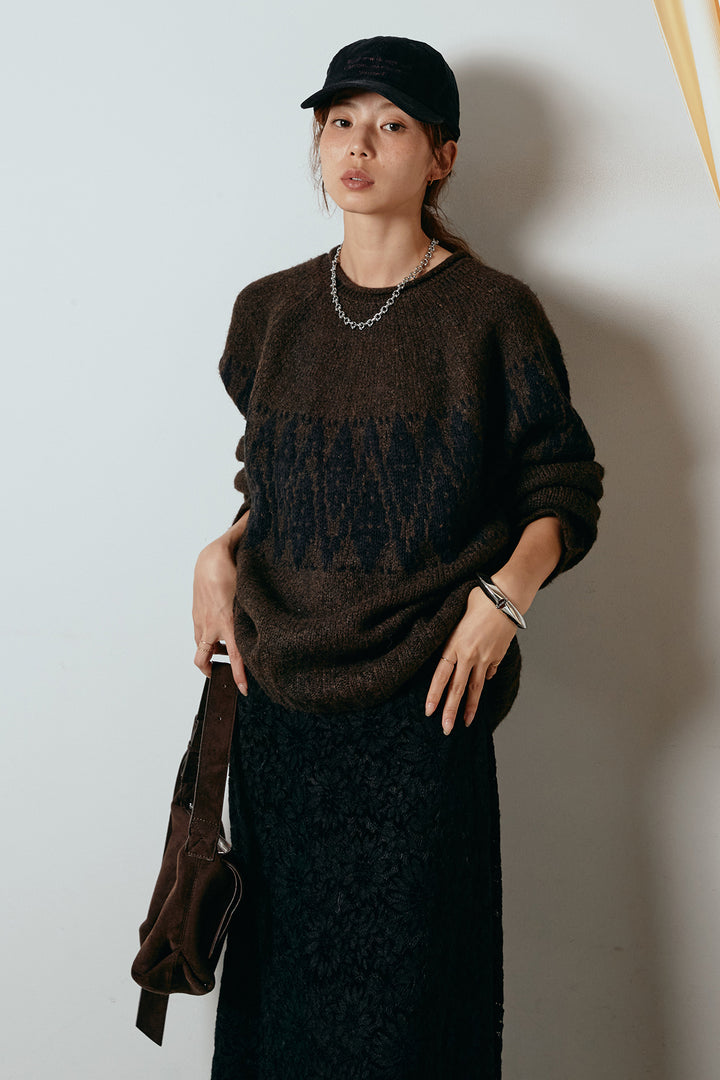 [SET]モノトーン柄ニットトップス+花柄刺繍ベロアフレアスカート(2set)