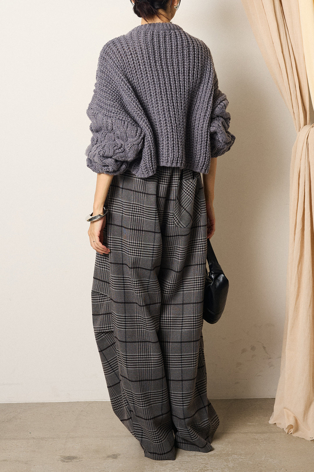 [SET]ケーブルリラックスショートニット+グレンチェックルーズタックパンツ(2set)