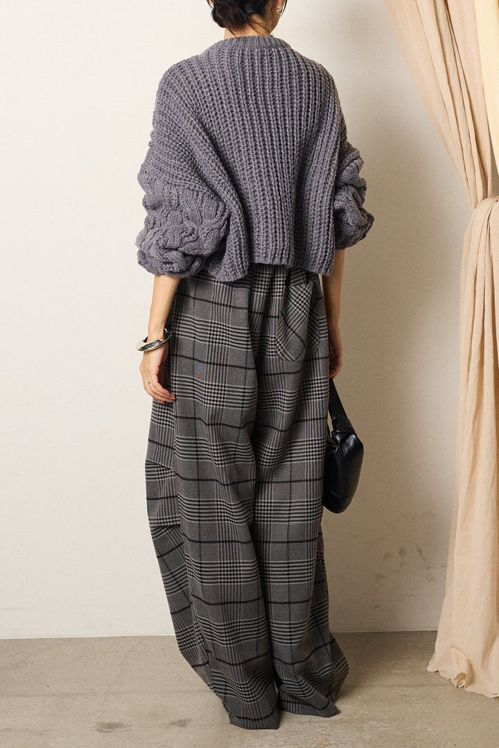 [SET]ケーブルリラックスショートニット+グレンチェックルーズタックパンツ(2set)