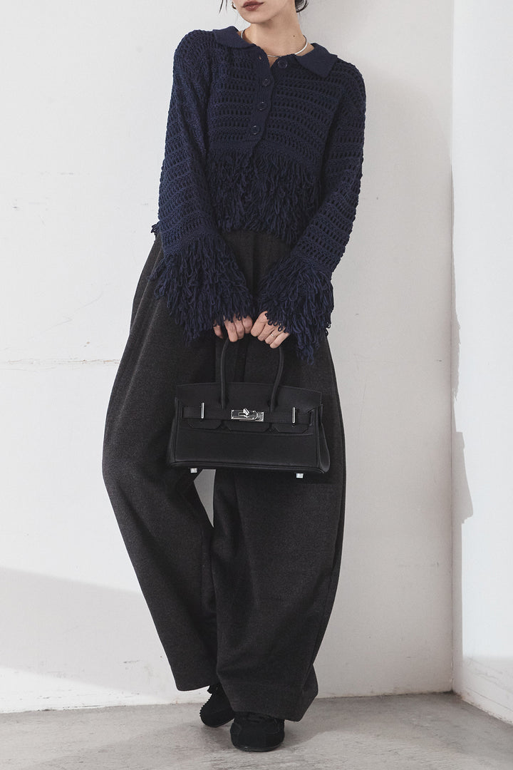 [SET]メッシュフリンジカーディガン+ウールタッチカーブワイドパンツ(2set)