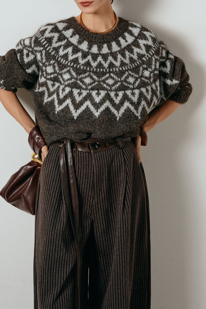 [SET]ノルディック柄Uネックプルオーバー+レザーライク配色ストライプパンツ(2set)