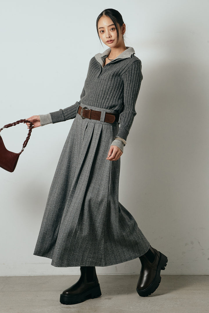 [SET]レイヤード風リブニットトップス+太ベルト付きヘリンボーンプリーツスカート(2set)