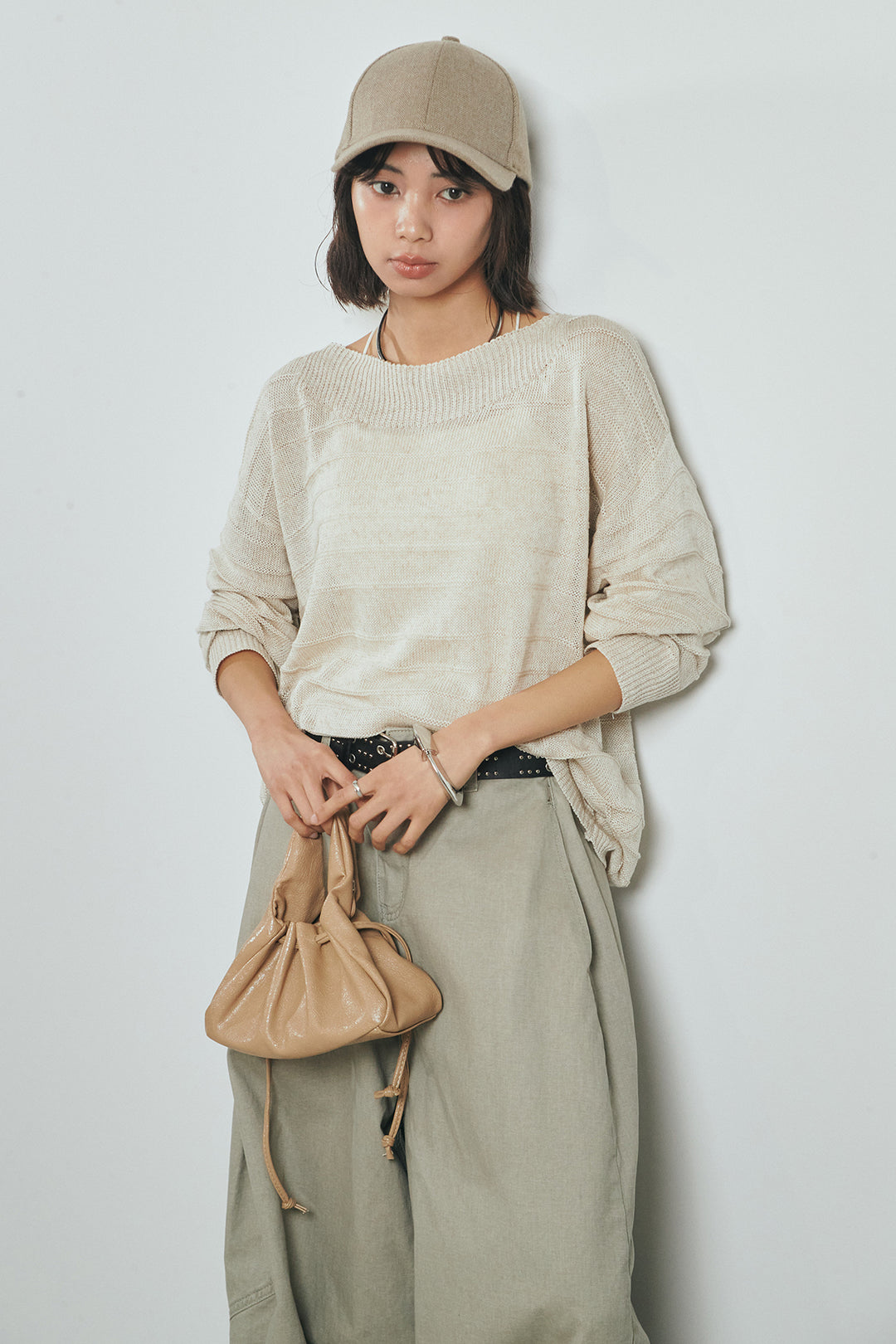 [SET]麻混リラックスニットトップス+ベルト付きカラーデニムパンツ(2set)