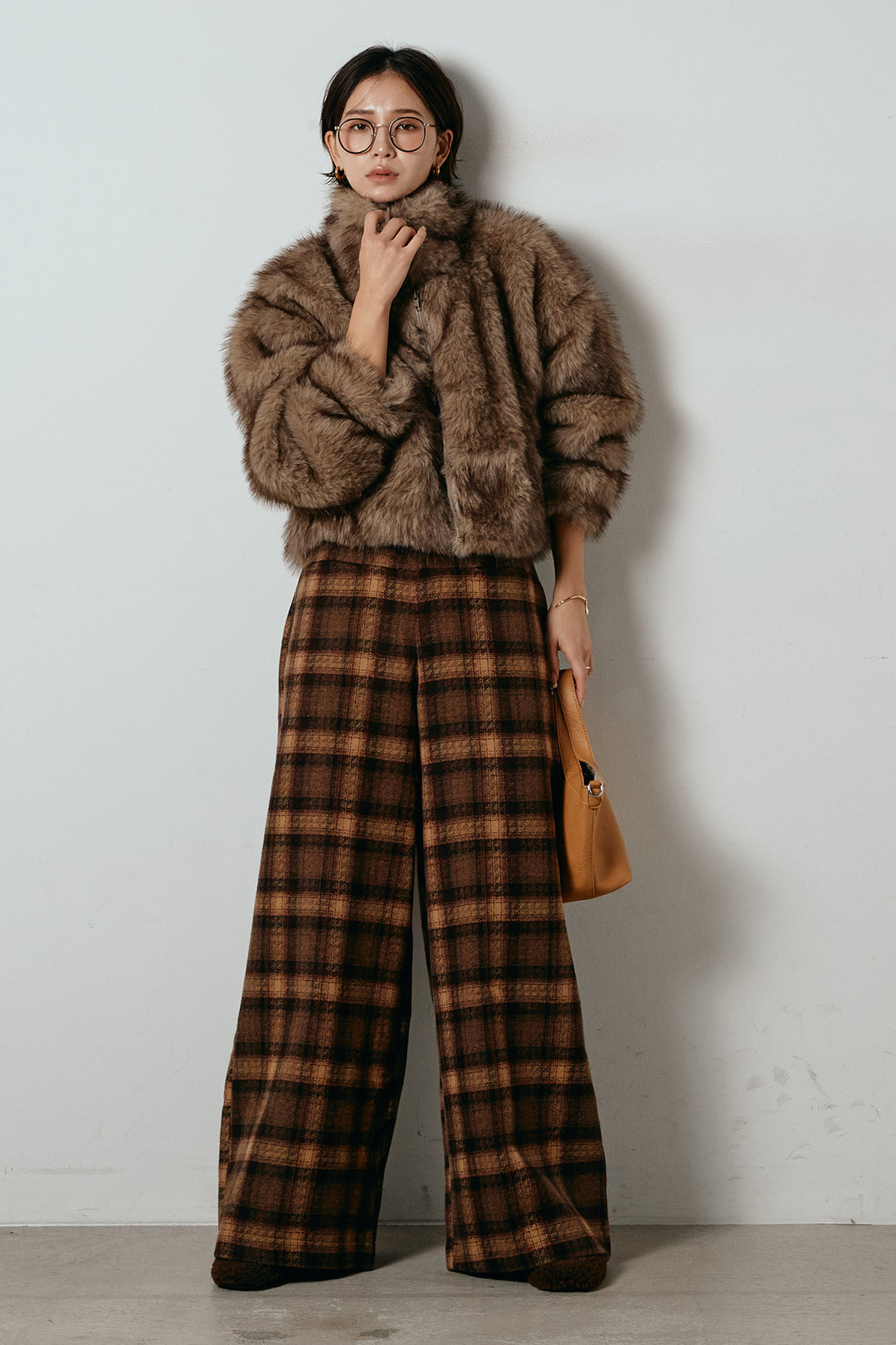 [SET]エコファーショート丈ブルゾン+ルーズタータンチェックワイドパンツ(2set)