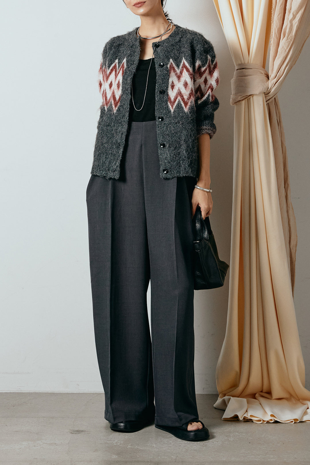 [SET]起毛ノルディック柄ニットカーディガン+ワイドツイルサロペット(2set)