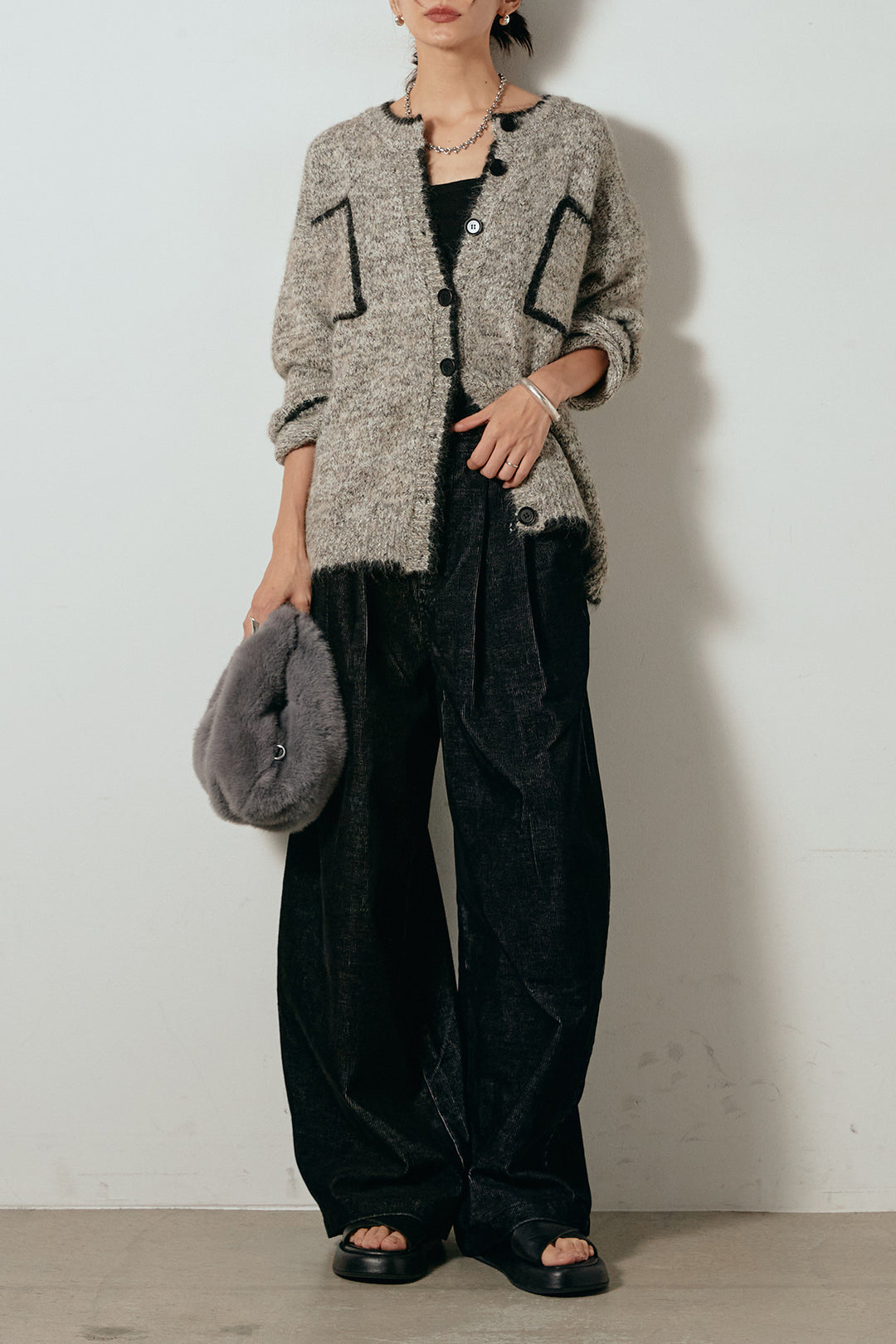 [SET]ミックスニットポケットカーディガン+フロントタック入りコーデュロイパンツ(2set)