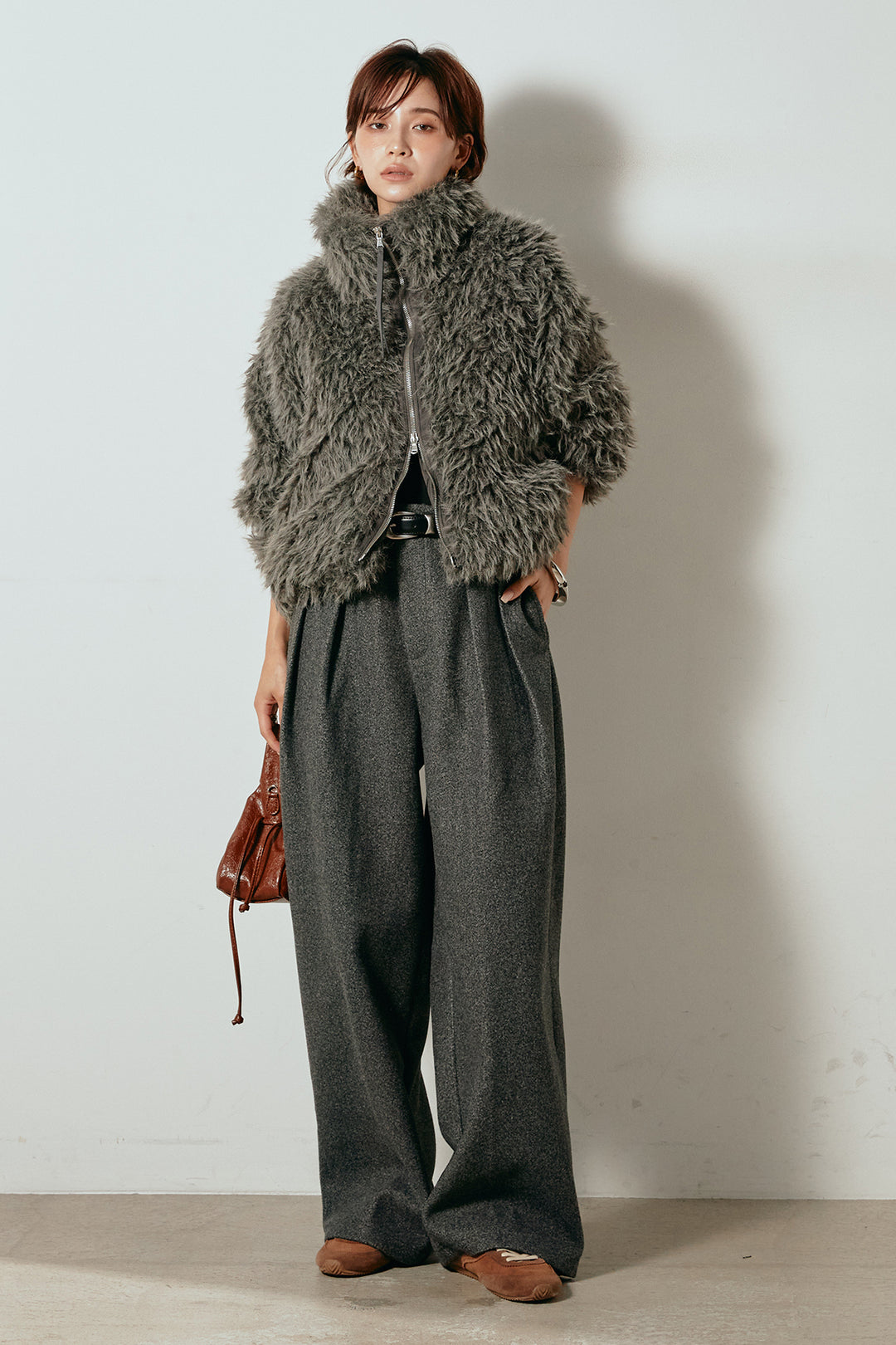 [SET]ミックスシープファースタンドブルゾン+フェイクウールタックトラウザーズパンツ(2set)