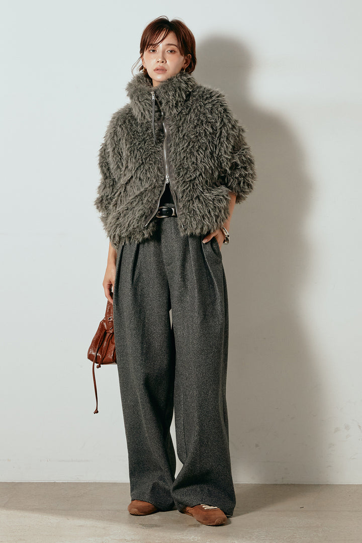 [SET]ミックスシープファースタンドブルゾン+フェイクウールタックトラウザーズパンツ(2set)