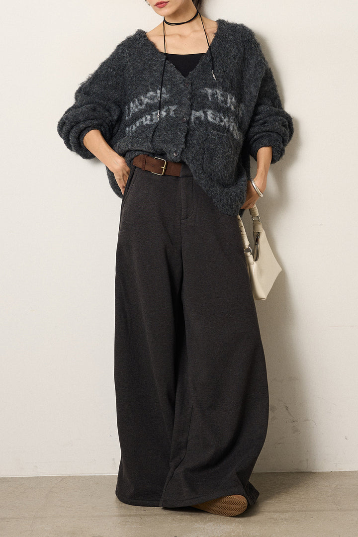 [SET]ウール混透かしロゴニットカーディガン+サイドベルトパンツ(2set)