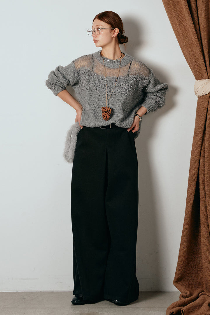 [SET]パターンランダム編みニットトップス+ベルト付きフロントタックデザインパンツ(2set)