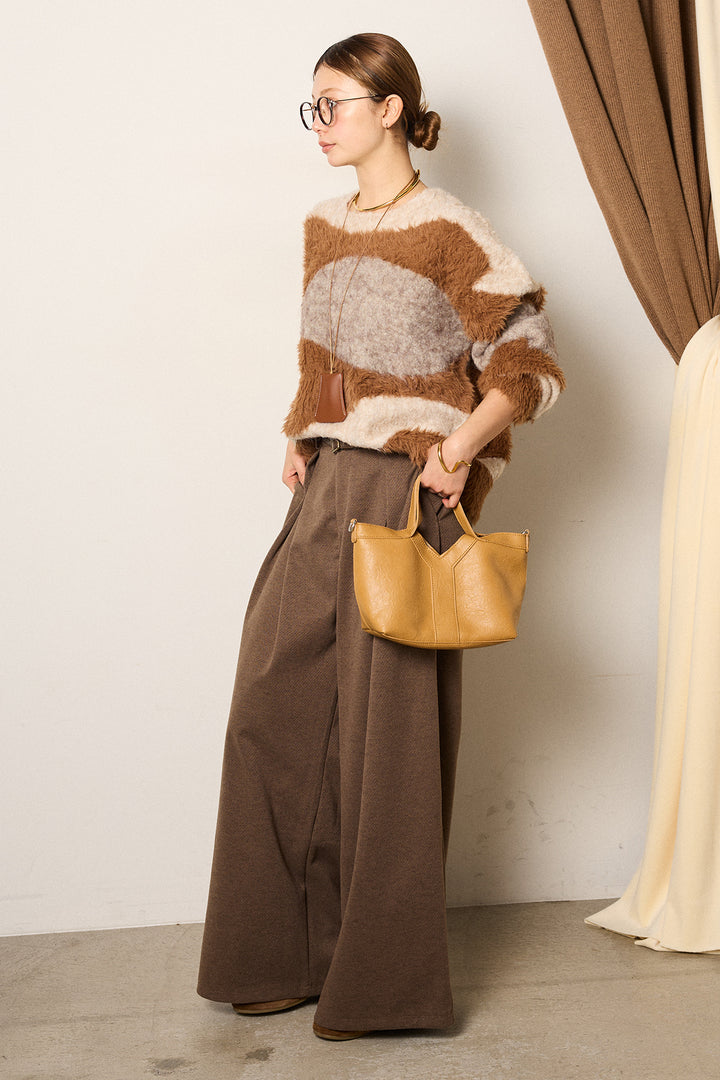 [SET]シャギーウェーブ柄クルーネックニットトップス+細ベルト付き起毛タックワイドパンツ(2set)