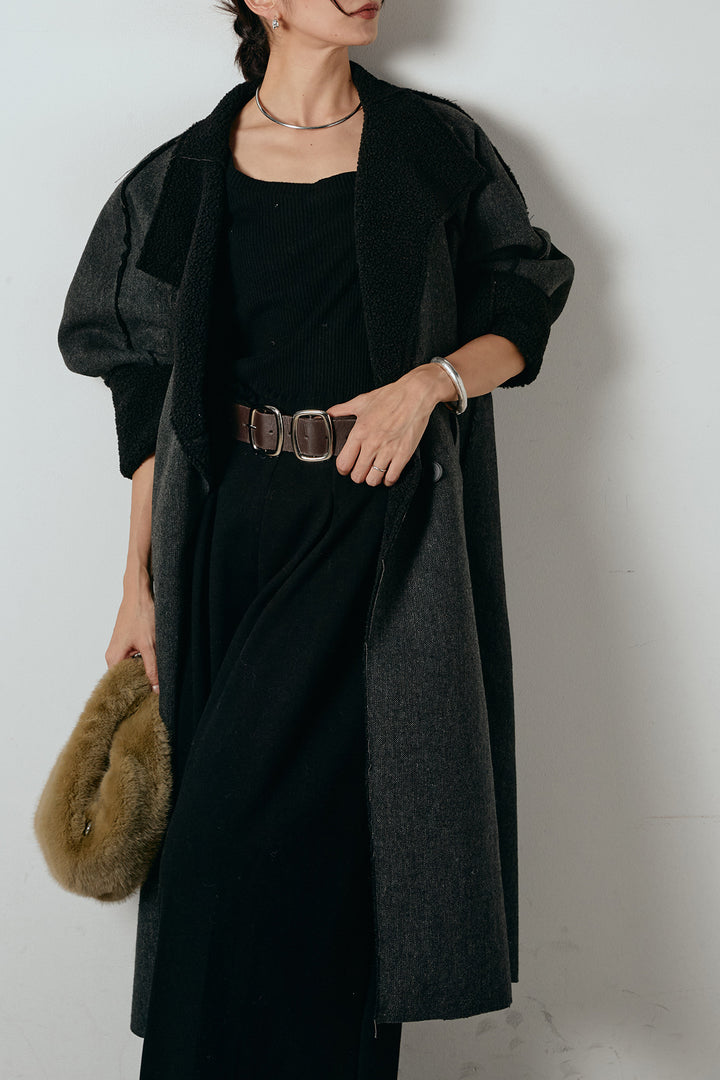 [SET]裏地ボアハイネックロングアウター+フェイクレザー太ベルト付きタックワイドパンツ(2set)